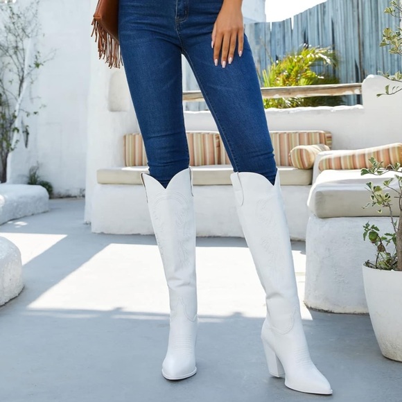 Country Cowboy cowgirl white knee high heels block boots - Picture 5 of 16